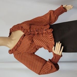 True Destiny Chiffon Long Sleeve Ruffle Neckline Dot Blouse
